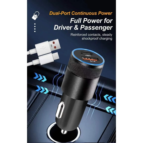 Vruelia 18W Car Charger Adapter, Dual Port USB-C PD 18W & USB-A Car Charger, Fast Charging Aluminum Alloy Vehicle Adapter
