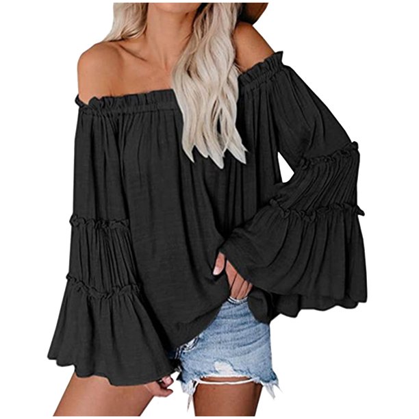 HongQid Womens Off The Shoulder Long Bell Sleeve Tops Flared Casual Loose Blouse