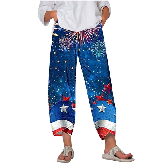 qelini Wide Leg Pants for Women Plus Size 4th of July Capris Pants High Waist Print Ankle Pants