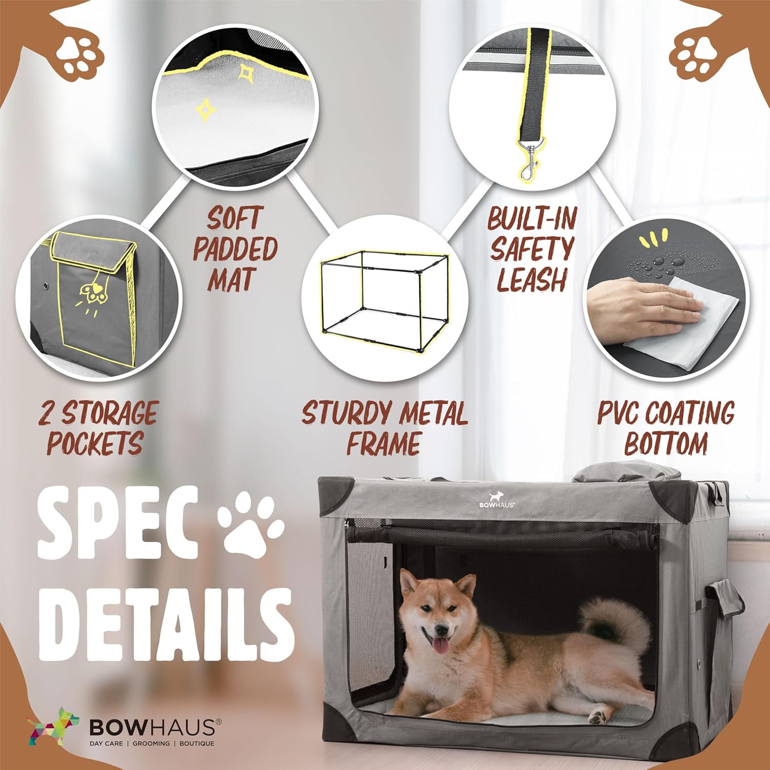 BOWHAUS 36 Inch Portable Travel Dog Kennel for Medium Dogs with Durable Mesh Windows and 2 Storage Pockets, Indoor & Outdoor for Car, Soft-Sided Collapsible Dog Crate with 4 Breathable Mesh Door
