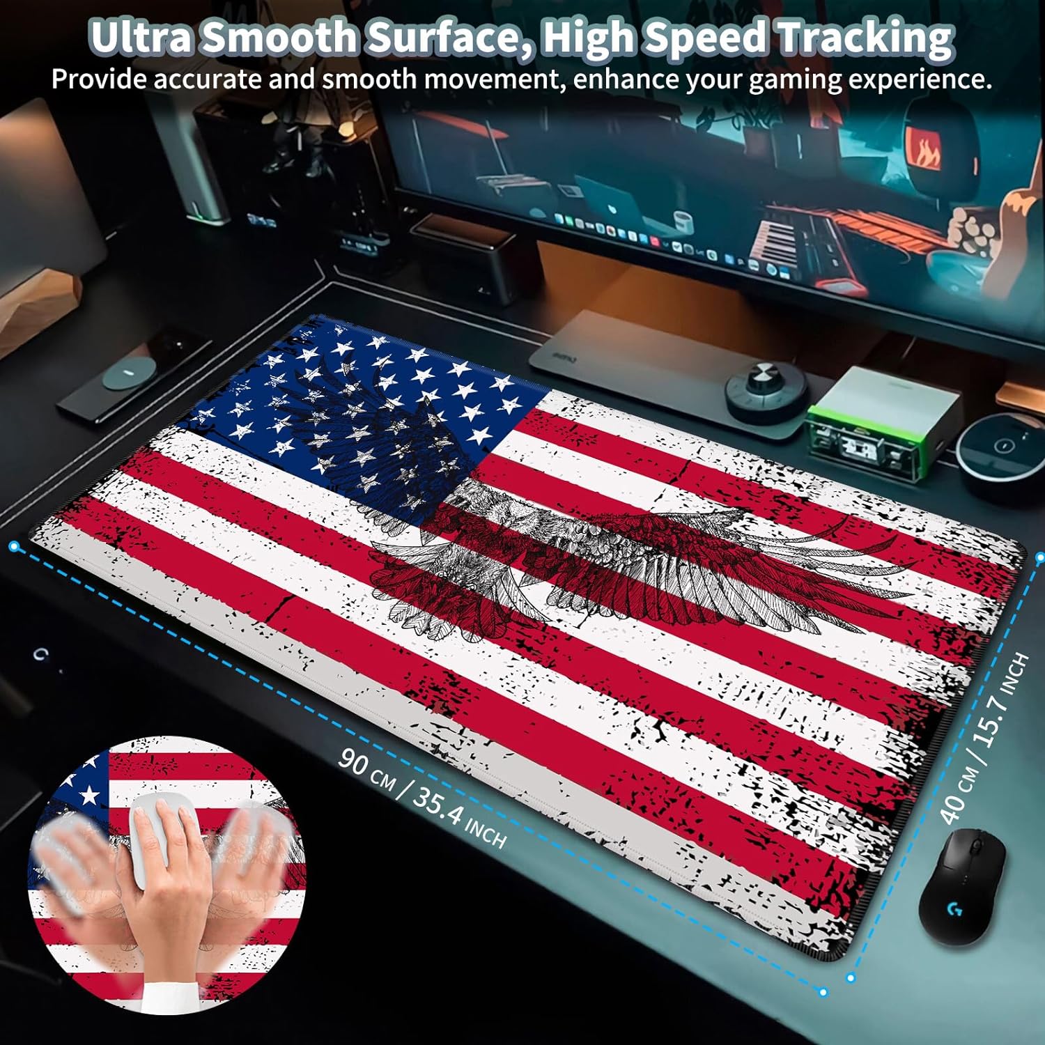 Big Gaming Mouse Pad, Extended 35.4" X 15.75" in Desk Pad for Keyboard and Mouse, Computer Keyboard Mouse Mat 3mm Thick XXL Rubber Mousepad for Laptop Gamer, Eagle American Flag
