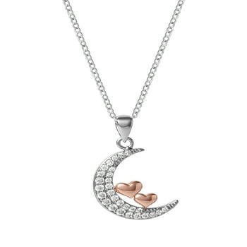 Believe by Brilliance Brass Pink Gold Plated Cubic Zirconia Moon and Heart Pendant, 18" +2"