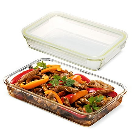 Komax Oven Safe Glass Casserole Baking Dish - Large 12 by 8 inch Food Storage Roasting Lasagna Pan - Airtight Container With Locking Lids - BPA Free -