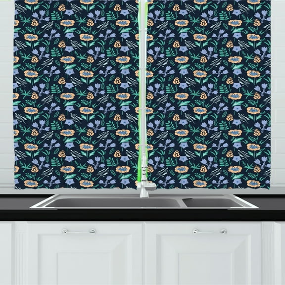 Ambesonne Botanical Kitchen Curtains, Summer Tulip Daisy Field, 55"x45", Peach Teal and Ceil Blue
