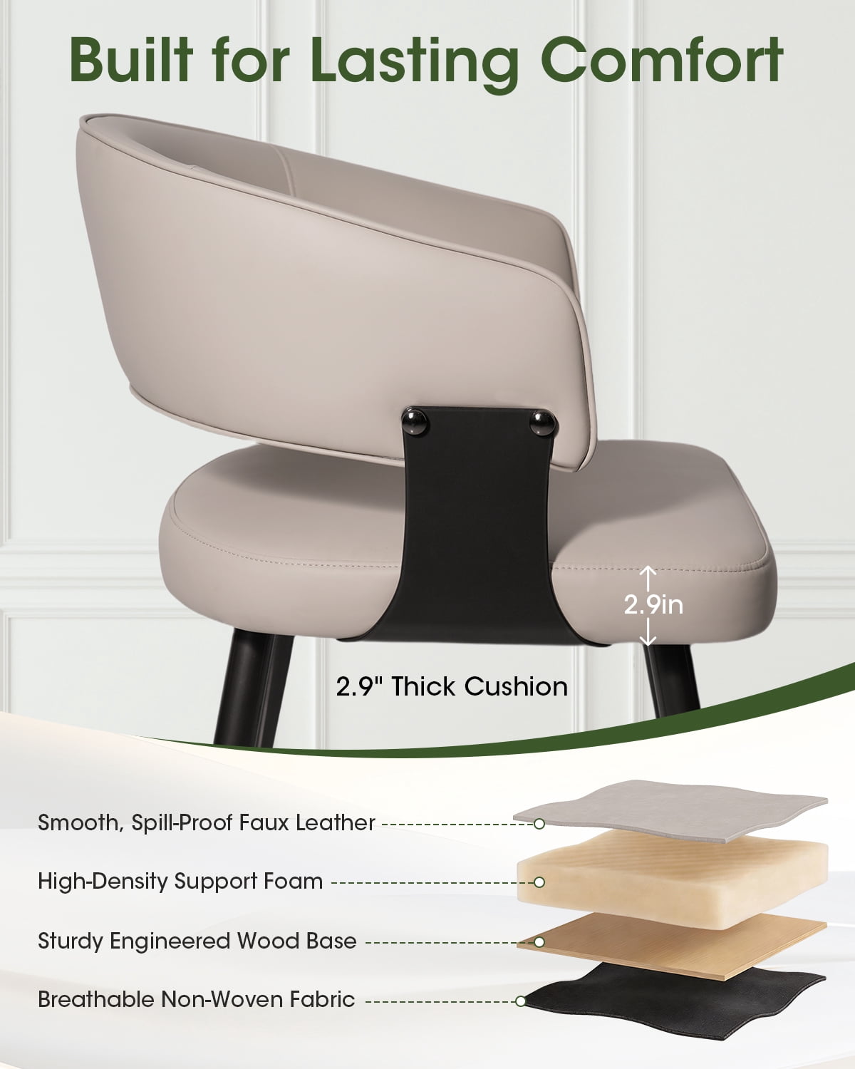 Modern Kitchen Chair Set of 4, Upholstered Faux Leather Dining Chairs with Curved Back, Easy Assembly for Dining Room Restaurant Cafe, Gray