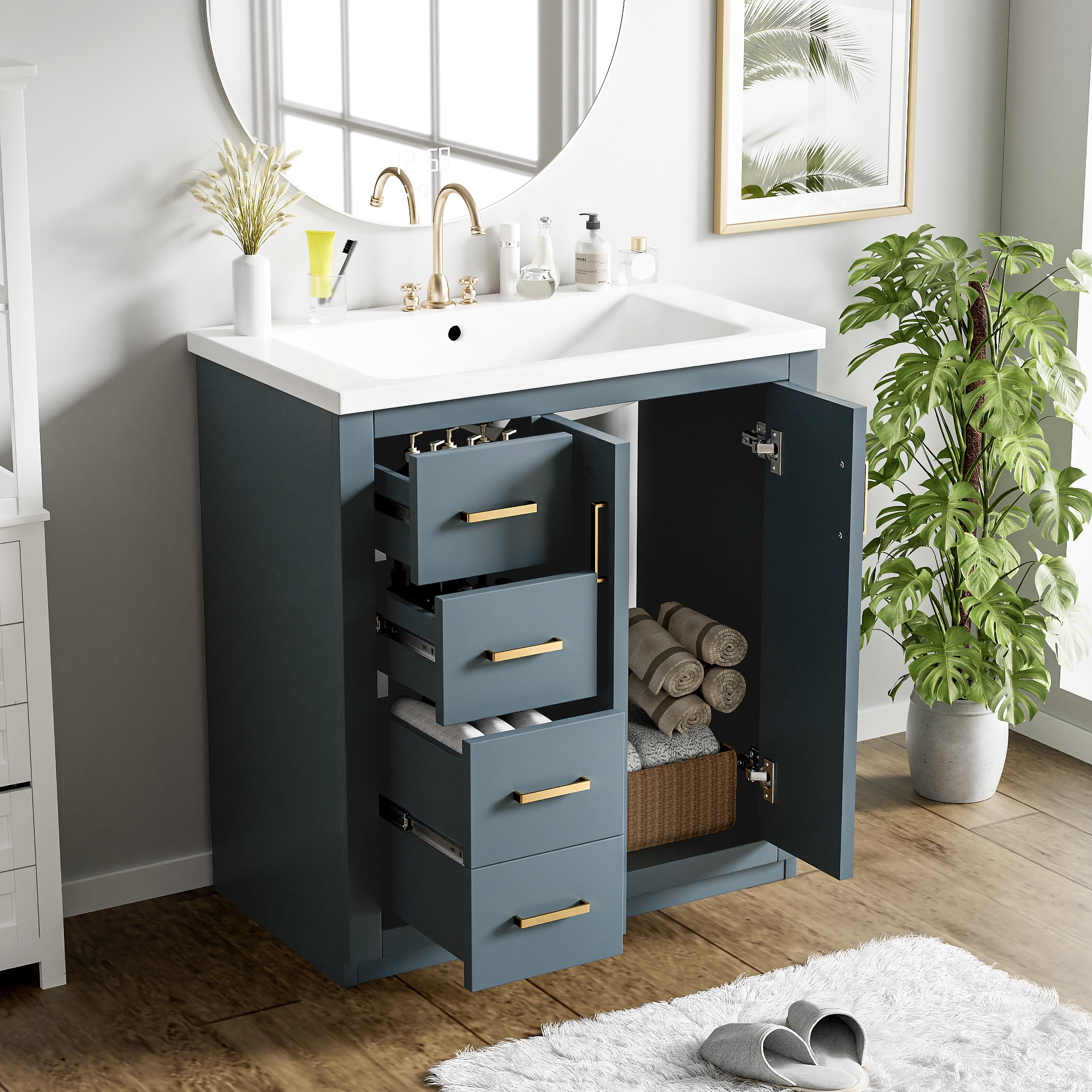 Euroco 30'' Bathroom Vanity with Ceramic Sink Combo,Solid Wood Frame Bathroom Storage Cabinet, Freestanding Vanity Set with 3 Drawers& Soft Closing Doors