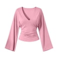 thumbnail image 4 of LUVDA Bell Sleeve Tops for Women V Neck Ruched Long Sleeve Slim Fit Flare Cuff Casual Fall Jersey T-Shirt Blouse, 4 of 8