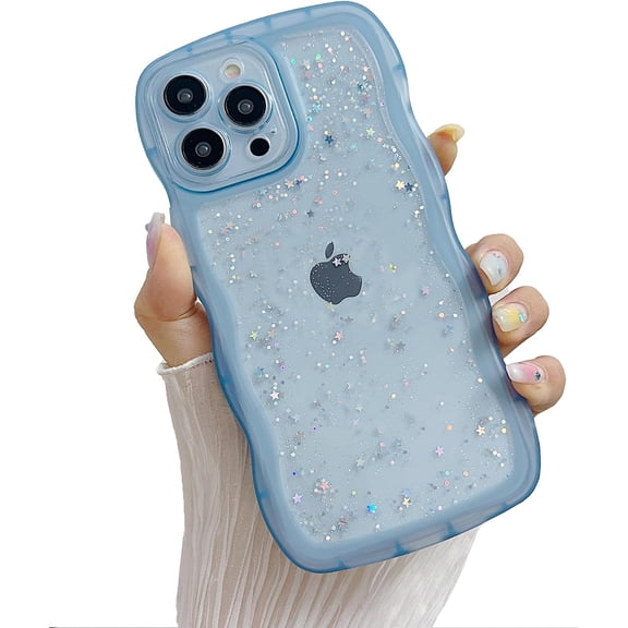 Compatible with iPhone 15 Pro Wavy Edge Shiny Stars Clear Cute Phone Case for Women Girls All-Around Soft TPU Anti-Collision Anti-Shock Transparent Phone Case for iPhone 15 Pro-Blue