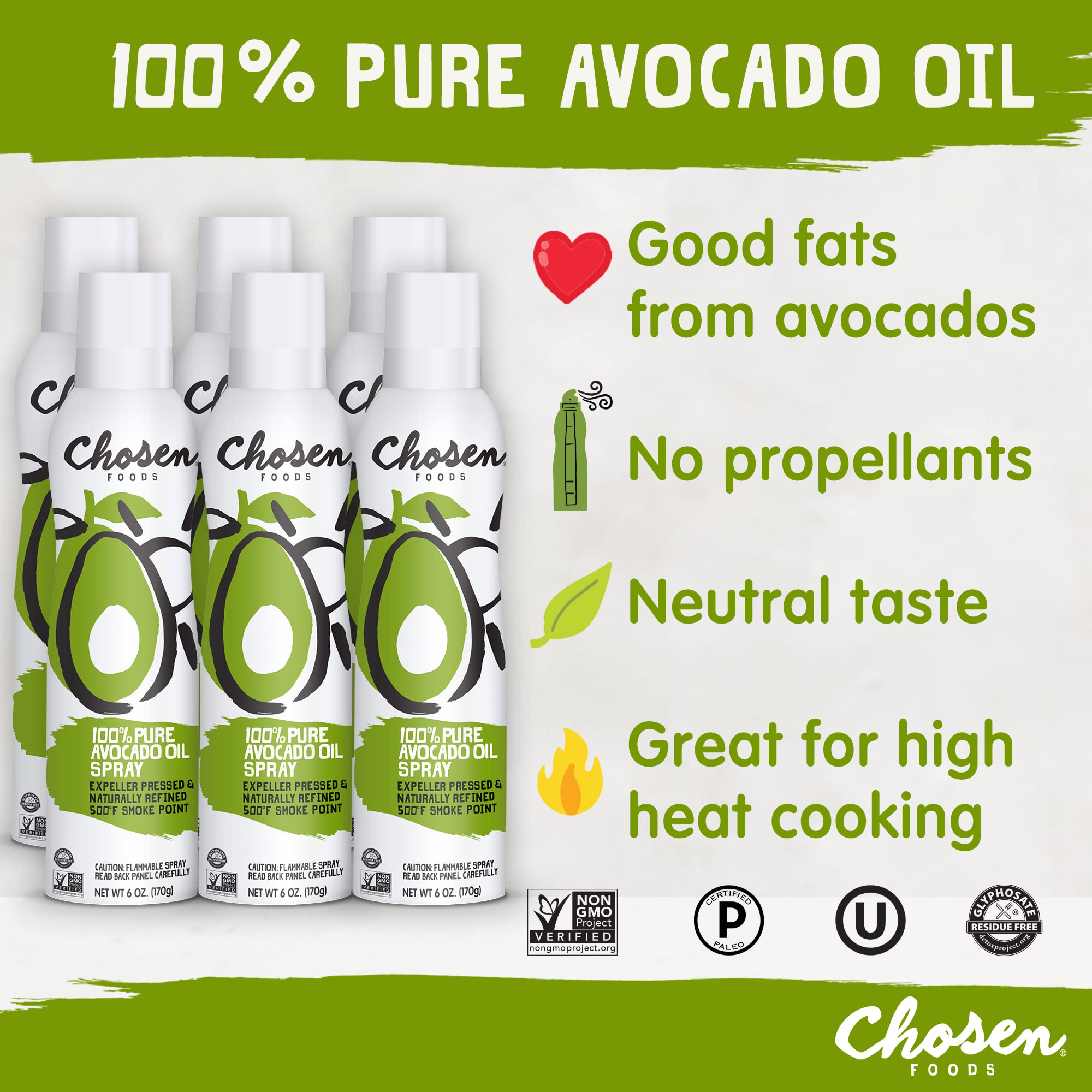 Chosen Foods 100% Pure Avocado Oil Spray, Keto and Paleo Diet Friendly, Kosher Cooking Spray for Baking, High-Heat Cooking and Frying (6 oz, 6 Pack)