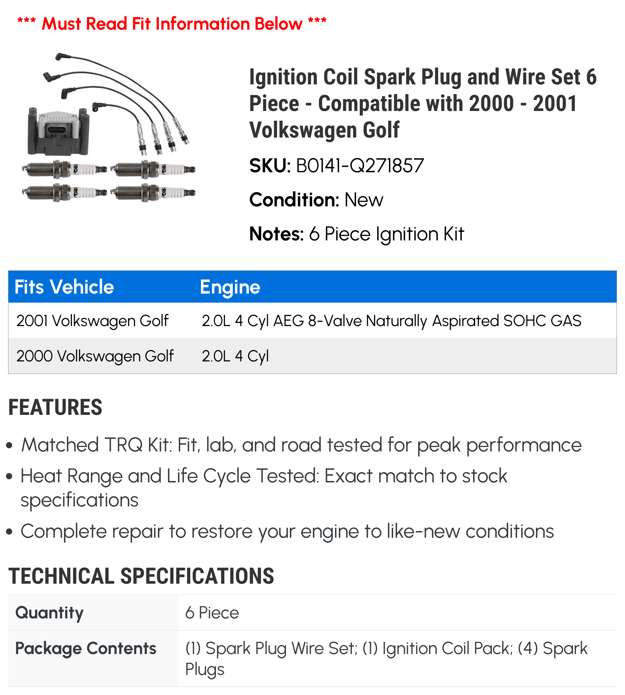 Ignition Coil Spark Plug and Wire Set 6 Piece - Compatible with 2000 - 2001 Volkswagen Golf