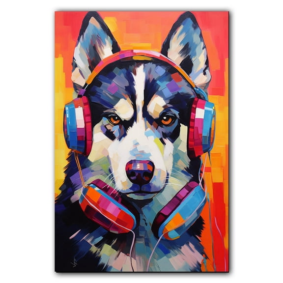 Siberian Husky Wall Art - Funny Dog Canvas Canvas for Kids' Room 11x17inch - Colorful Puppy with Earphone Pictures Framed Ready to Hang