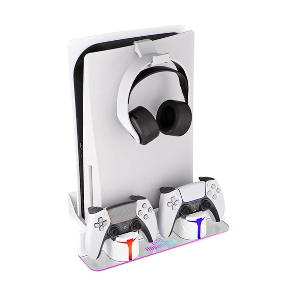 PS5 Wall Mount Kit with Charging Station, Compatible with PlayStation 5/Slim/Pro Disc & Digital Version, Dual Use Charging Station with Multi-Mode RGB Light, White