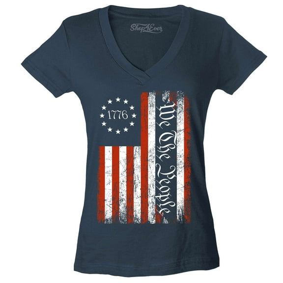 Shop4Ever Women's We The People American Flag Slim Fit V-Neck T-Shirt Medium Charcoal