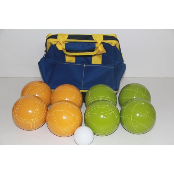 Italian/American Made, 110mm EPCO Bocce Set - Rustic Green/Yellow Balls and Blue/Yellow Bag