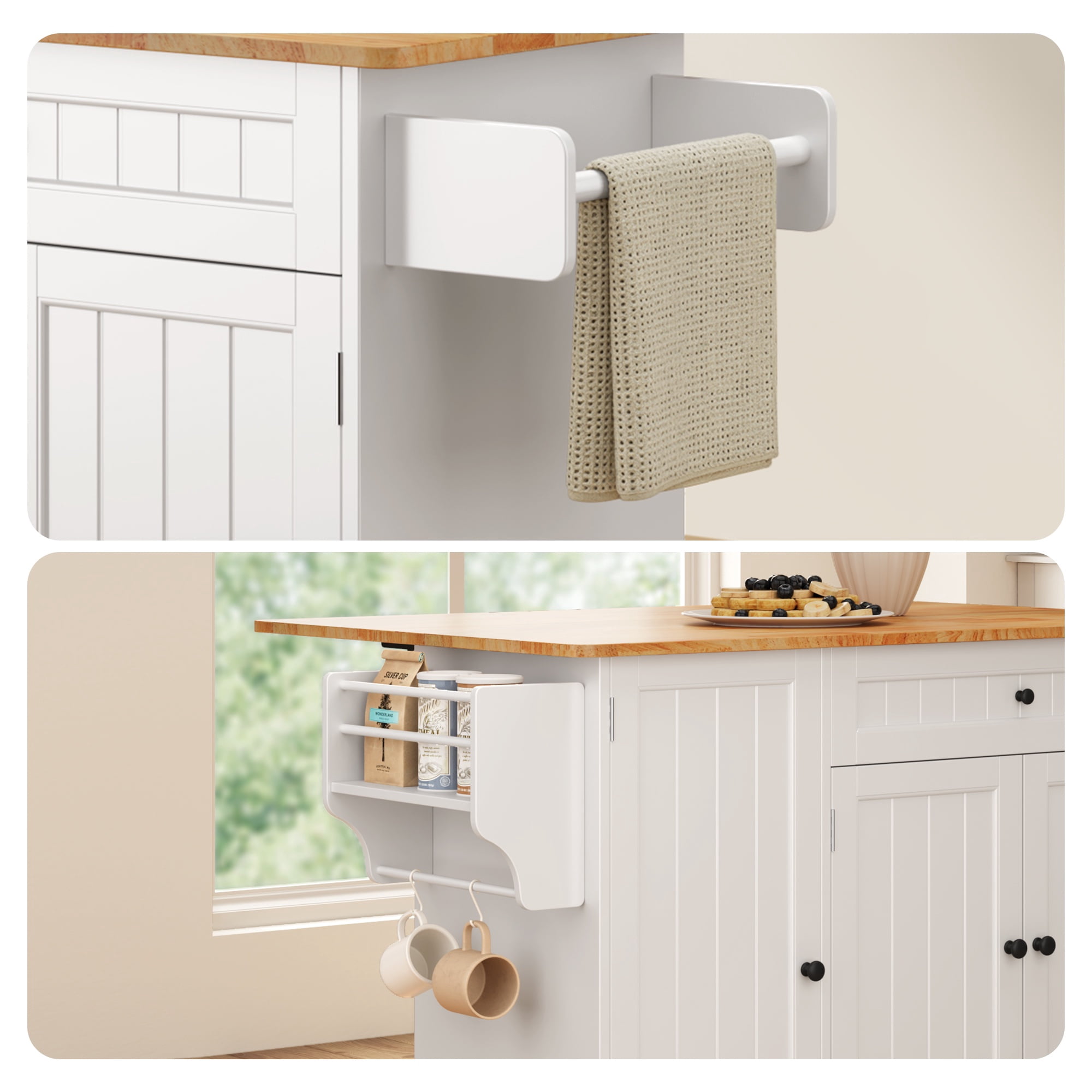 Noelse Rolling Kitchen Island Table with Storage, Drop Leaf Countertop, Kitchen Island with Wheels, Spice Rack & Towel Bar, White