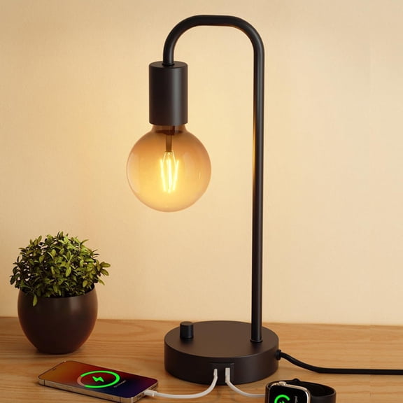 ikaufen 15.75" Industrial Table Lamp with USB Charging Port, Fully Dimmable Bedside Lamp with 2700K Bulb, Nightstand Lamps for Bedroom Dorm Office