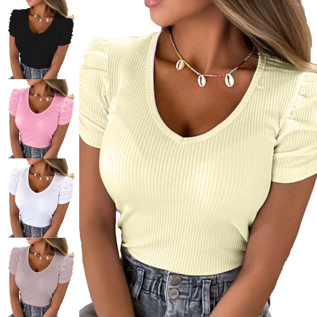 Top de verano para mujer, manga corta abombada, cuello en V, corte ajustado, Top corto de punto acanalado para mujeres y niñas, amarillo S