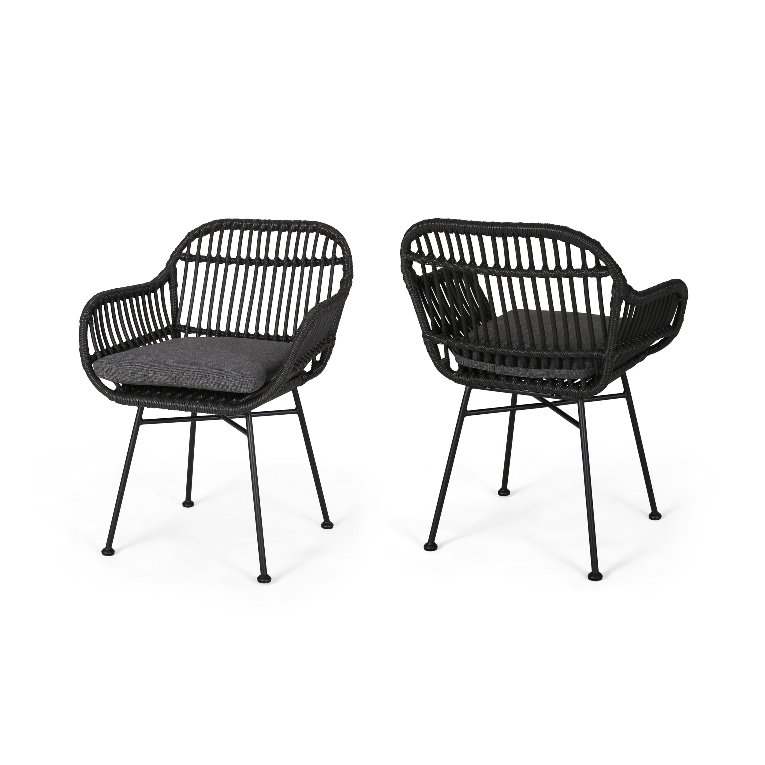 Euroco Set of 2 Modern PE Rattan Accent Chairs with Water-Resistant Cushions and Black Steel Frame