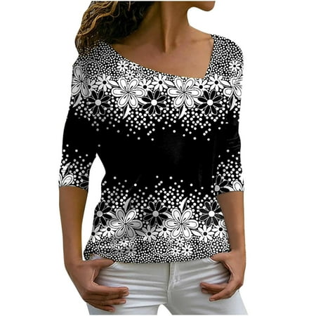 

Women s Floral Print Sweatshirt Diagonal Collar Long Sleeve T-Shirt Graphic Squines V-Neck Basic Fall Tops Plus Size Loose Fit Pleat Flowy Top Pullover