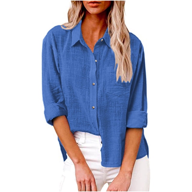 Timegard Cotton Linen Tops for Women Plus Size Button up Shirts Fall Casual Solid Color Tops Blouse