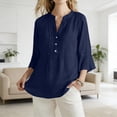 thumbnail image 6 of Ecqkame Womens Linen Tops Dressy Business Casual Ruffle 3/4 Sleeve Summer V-Neck Solid Color Blouses with Buttons Navy M, 6 of 7
