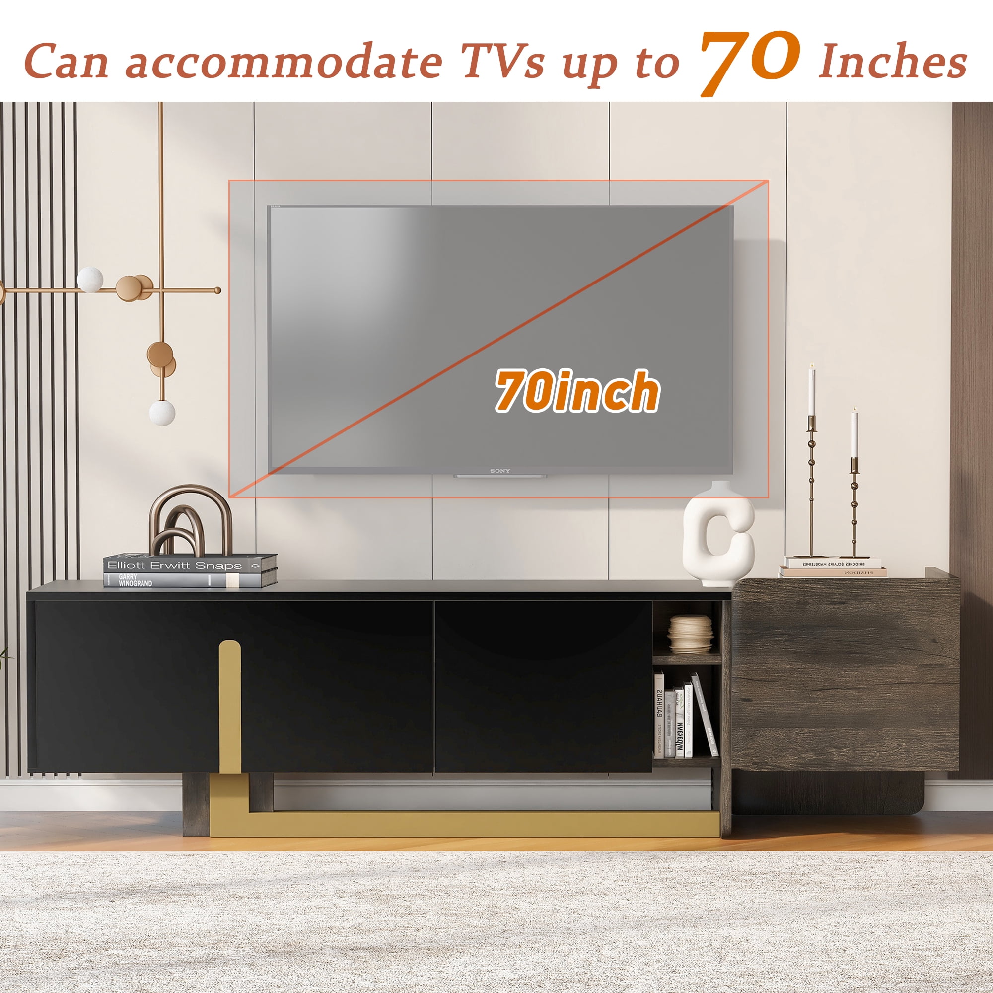 Paproos TV Stand for 70 inch tv, TV Cabinet with Drawer & Door, Living Room TV Console Entertainment Center with Open Shelves, Media Console Table Television Stand for Living Room, Black & Brown