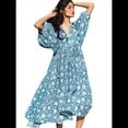 thumbnail image 3 of Vestido Midi Holgado Informal de Verano para Mujer, con Escote en V, Cordones, Media , Estampado Geométrico Bohemio Azul M, 3 of 10