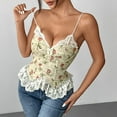 thumbnail image 3 of ZQUUVOU Women's Vintage Floral Strapless Corset Top Lace Ruffle Trim Sleeveless Tops Coquette Peplum Bustier Bandeau Tank Beige, 3 of 3