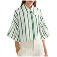 thumbnail image 2 of Echfiprom Womens Tops Summer Button down Army Green Loose Collared Striped Casual Bell Sleeve Blouse for Ladies, 2 of 9