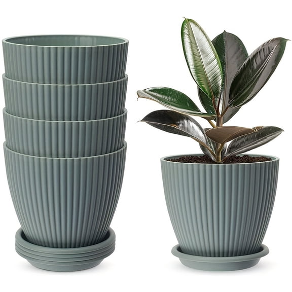 5 Plant Pots, 6 inch Plastic Planters  with Saucers Modern Decorative Gardening Containers for Succulents Flowers Herbs Cactus House decor(Green)