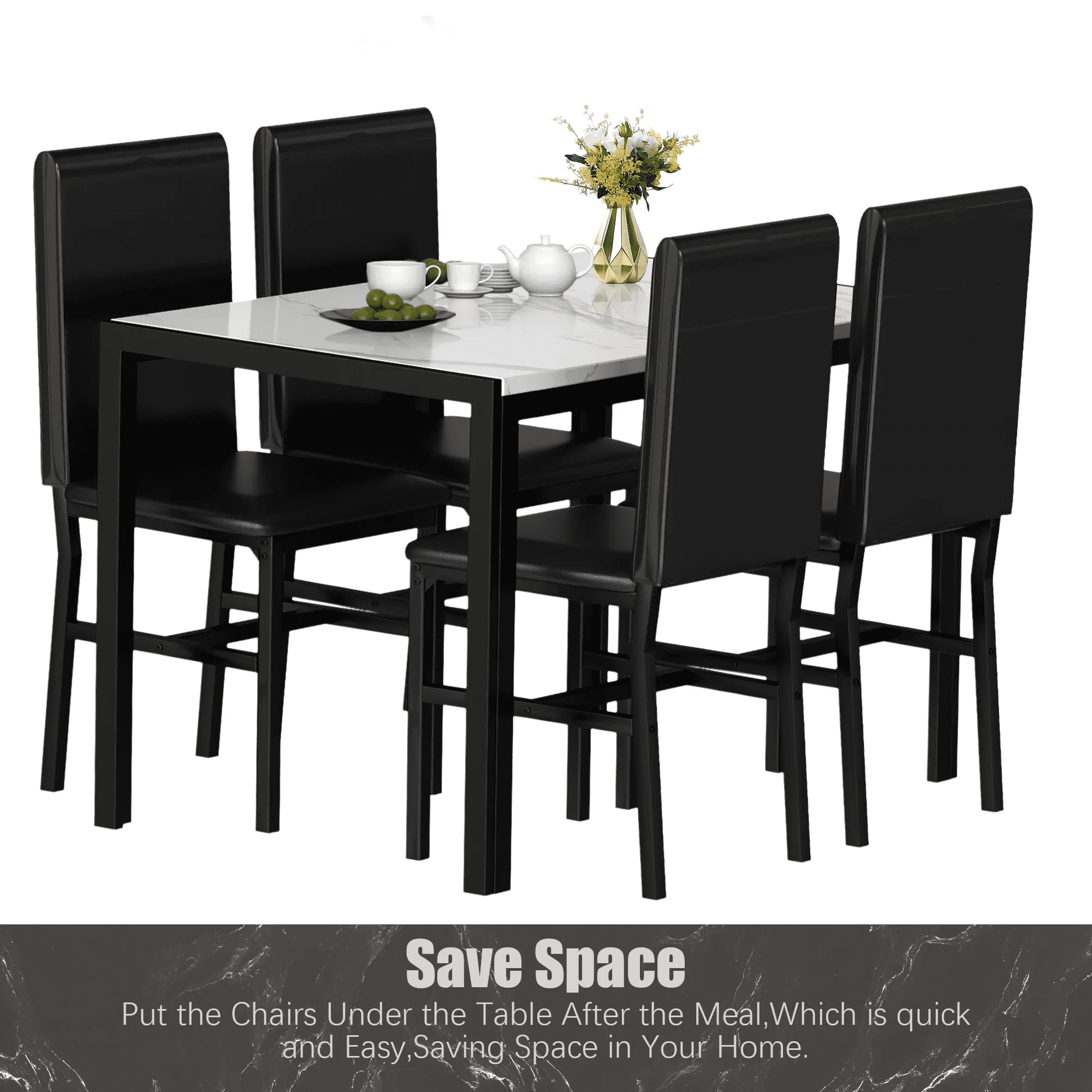 Dining Room Table Set for 4, Kitchen Table Set with 4 Upholstery Chairs, Modern Faux Marble Top Finish Dining Set for Bar, Breakfast Nook, Black