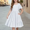 thumbnail image 2 of lcziwo Girls Casual Summer Dresses Ruffle Short Sleeve Smocked Dress Kids Square Neck A Line Flowy Midi Dresses White 140, 2 of 9