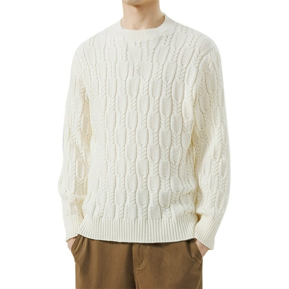 Qunyiney Pullover Sweaters for Men Winter Solid Beige Casual Loose Crew Neck Cable Knit Long Sleeve Sweaters