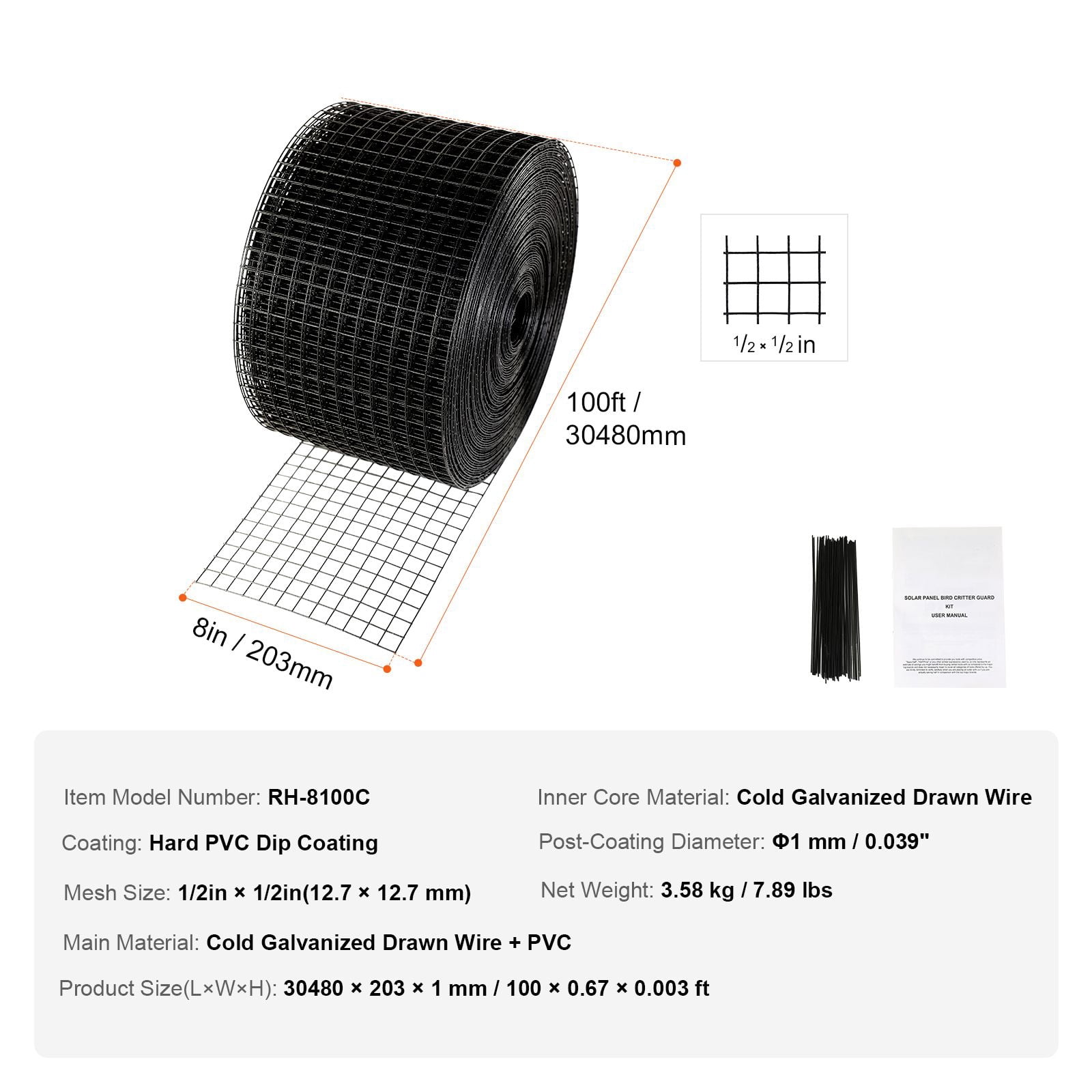 Solar Panel Bird Guard, Critter Guard Roll Kit with Rust-proof PVC Coating, Solar Panel Guard with 50pcs Tire Wires, 1/2 inch Wire Roll Mesh, 8 inch x 100ft
