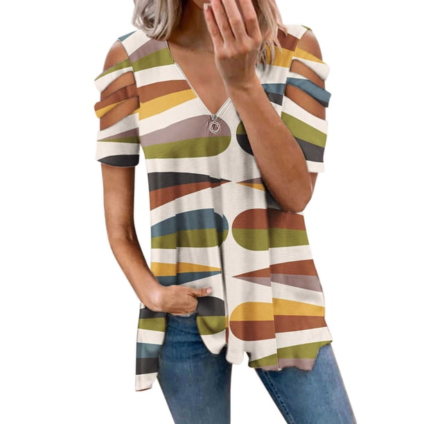 Gibobby Playera de Manga Corta Casual Suave Camiseta informal manga corta con cremallera y estampado retro para mujer(Caqui,M)