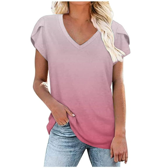 ZQGJB Sparkly Tops for Women Casual Petal Short Sleeve V Neck Tie Dye Gradient Print Athletic Tunic Tees Shirt Loose Relaxed Fitted Cozy Pullover Blouse Pink XL