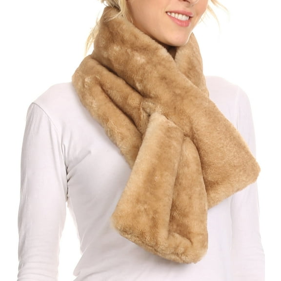 Kiy Loophole Faux Fur Long Soft Warm Comfortable Textured Bow Scarf - Khaki - OS