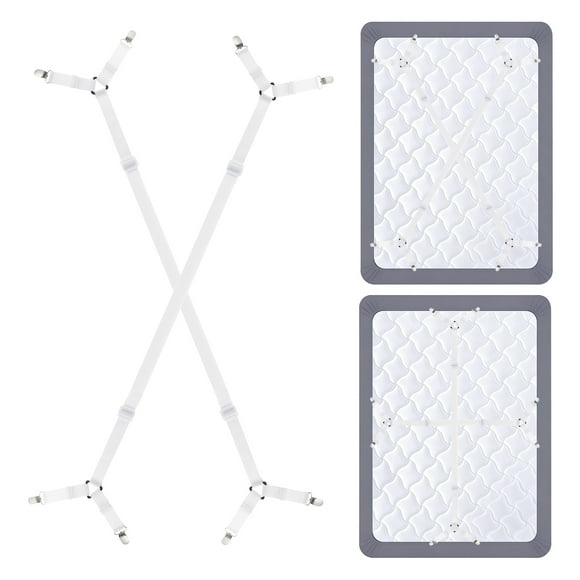Uxcell 2Pcs Bed Sheet Holder Straps, Elastic Adjustable Bedsheet Holders 2 Way Cross 4 Clips Fitted Sheet Holders for Corners, White