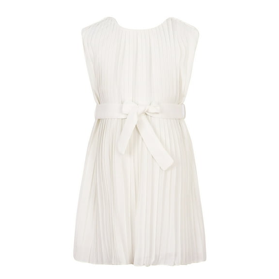 Little Girls White Belted Summer Chiffon Pleated Dress 6