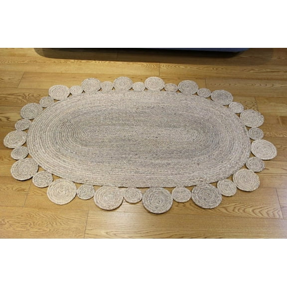 Scalloped Indian Hand Woven Jute Rug, Handmade Traditional Braided Decorative Mat Floor Doorway Mat Various Sizes