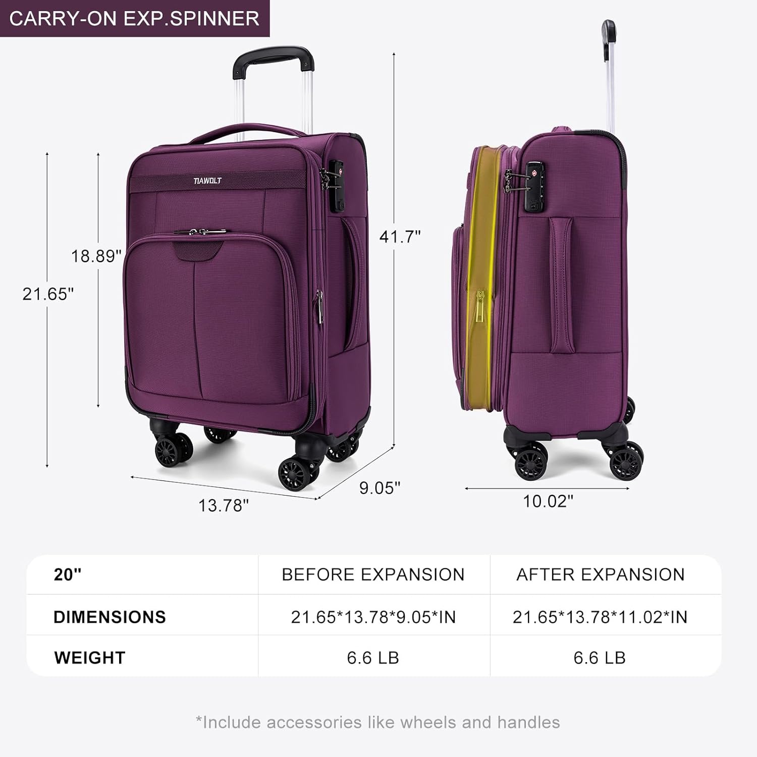 TIAWOLT Carry on Suitcase 22x14x9 Airline Approved,20 inch Lightweight Suitcases with 360° silent swivel wheels, TSA Lock and Compartment, Large Capacity travel Suitcase-Purple