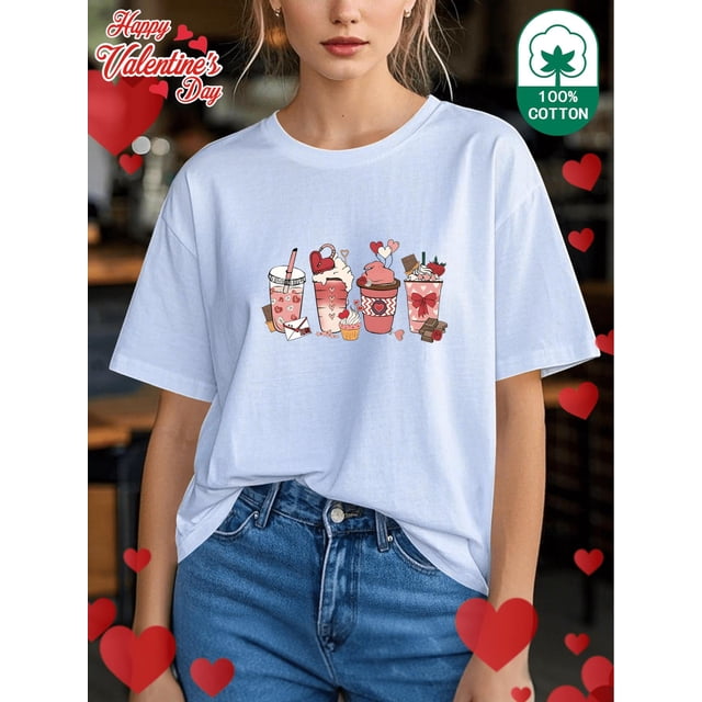 Happy Valentine's Day" Love-Themed T-Shirt for Women - Ice Cream & Chocolate Pattern, Casual Round Neck Short Sleeve Tee, 100% Pure, Ideal for Spring/Summer Tee For Adult, Men, Women, Teen, Teenager