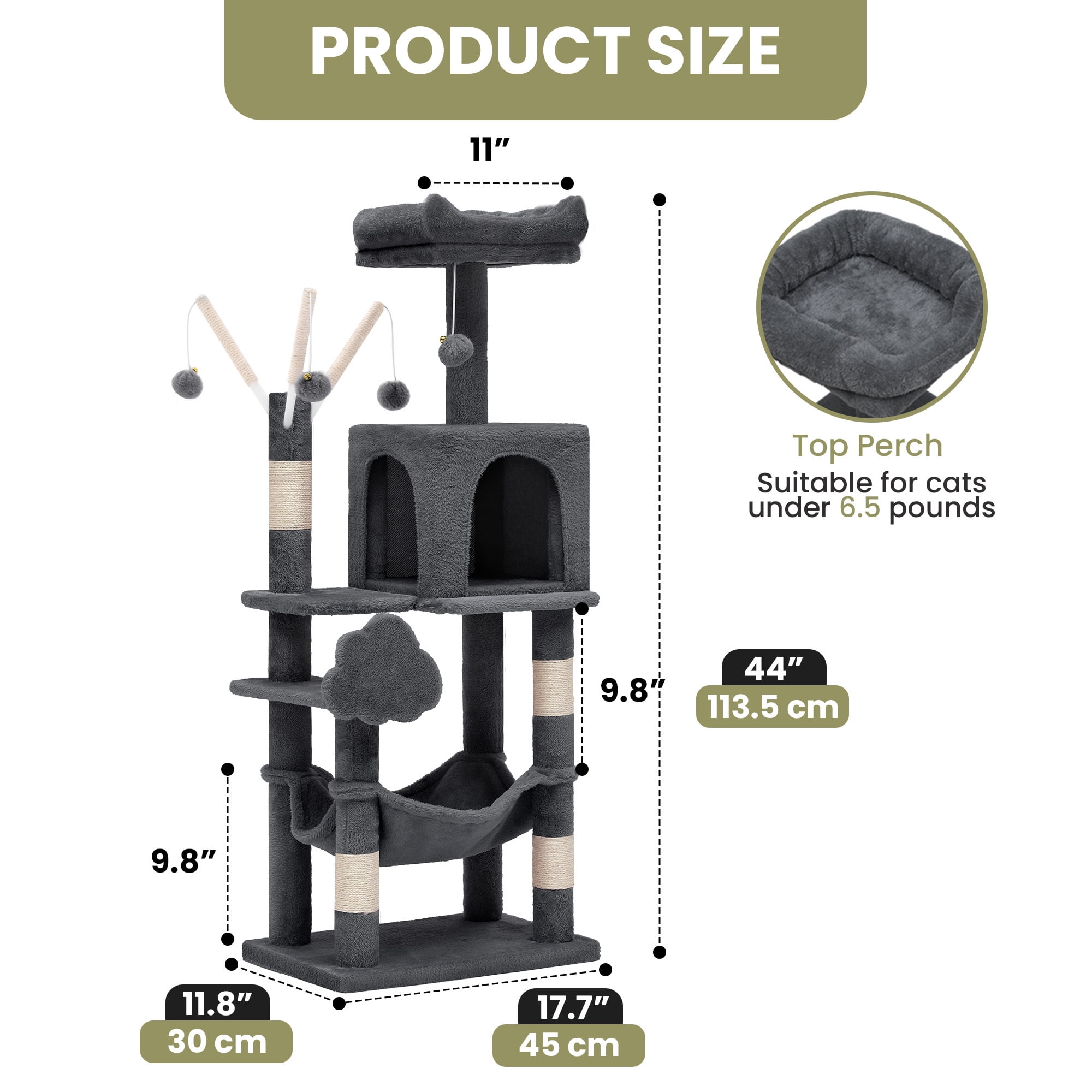 Uforic 44" Cat Tree Tower, with Scratch Posts, Condo, Hammock, Toys, Dark Gray