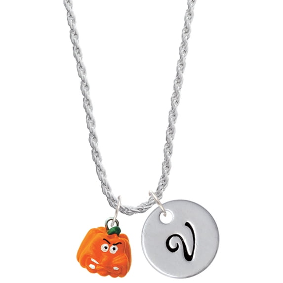 Delight Jewelry Resin Funny Grr! Pumpkin Silvertone Script Initial Disc - V - Charm Necklace, 20"+3"