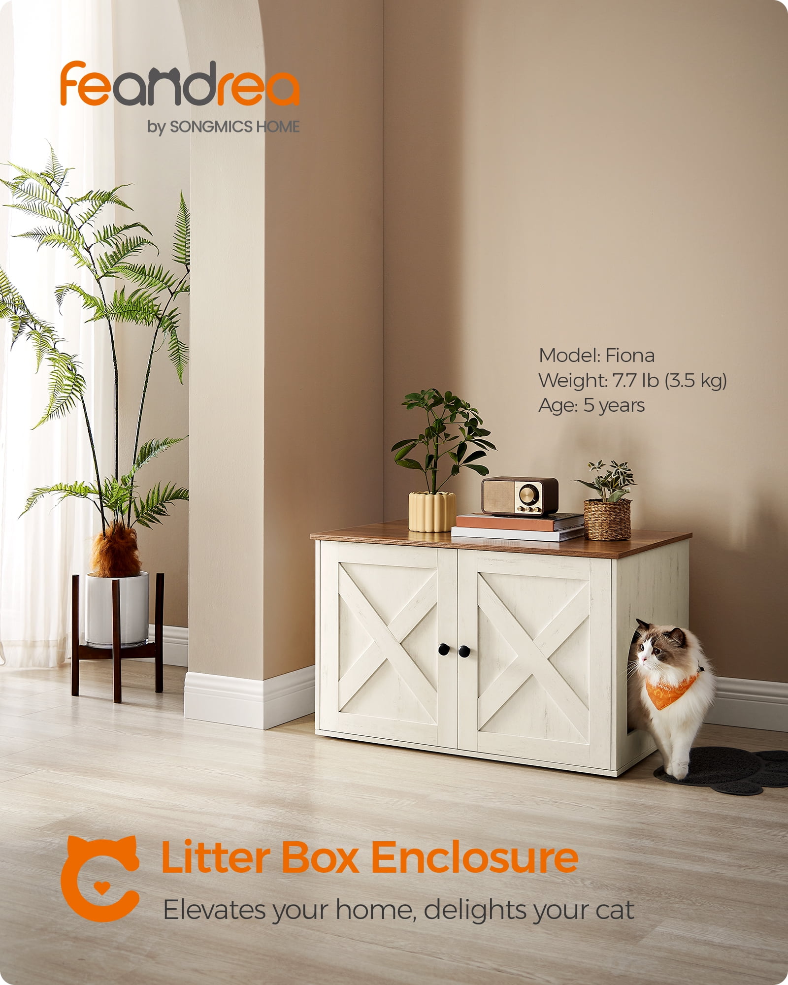 Hidden Cat Litter Box Enclosure Furniture Large Multi-Functional Cat Litter Box Washroom with Removable Divider Rustic White
