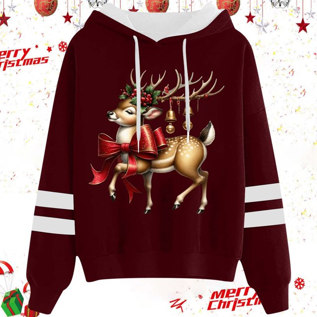 WILLBEST Sweat à Capuche pour Femmes et Hiver Mode Noël Nœud Rouge Imprimé Cerf avec Cordon de Serrage Accessoire