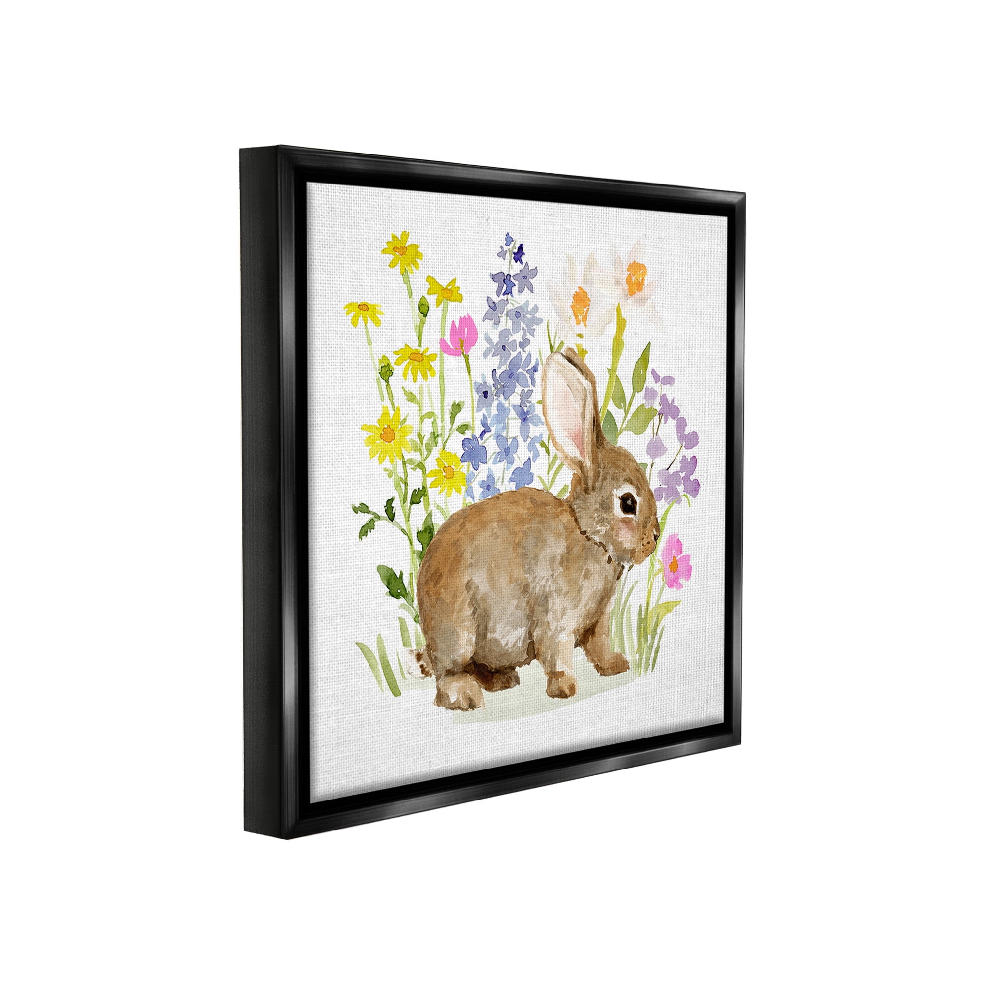 Stupell Industries Baby Bunny with Florals Animals & Insects Painting Black Floater Framed Canvas Art Print Wall Art, 18 x 18