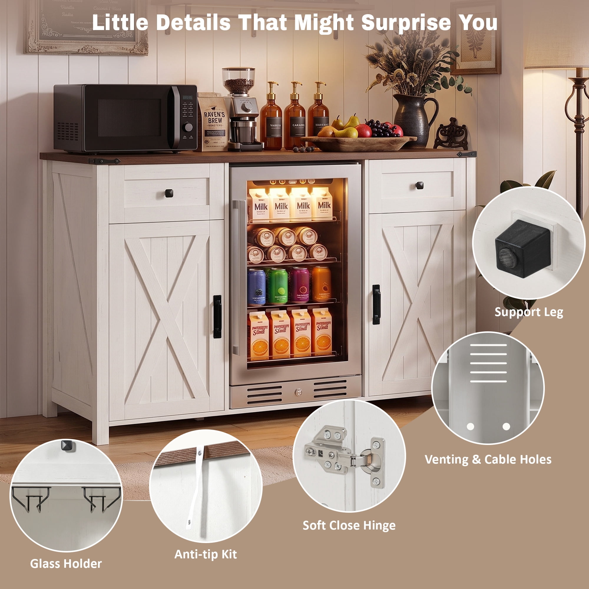 Homy Casa 53.2 in Farmhouse Coffee Bar Cabinet with Mini Fridge Space, Power Outlet and Storage White