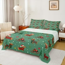 Manfei Teens Christmas Dachshund Bed Sheets, Green Red Cartoon King Sheets, Santa Claus Gifts Sheet Set, Breathable Home Decor, 4 Pieces