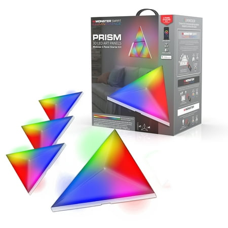 Monster Smart Prism 3D LED Multi-color Art Panels, Modular 4 Panel Starter Kit with Controller, Novelty Lighting